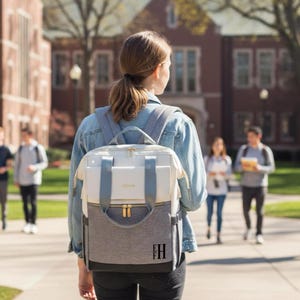 May include: A gray, white, and blue backpack with gold zippers and the initials "FH" on the front. The backpack is being worn by a person walking on a brick pathway. The background includes a brick building and other people.