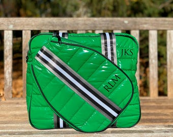 Personalized Ladies Hunter Green Puffer Pickleball Paddle Bag, Pickleball Paddle Cover Tote, Racket Duffel & Protector, Gift for Mother