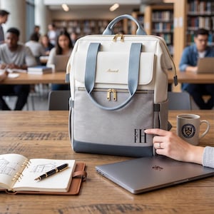 May include: A structured backpack featuring a cream-colored top section, a grey textured middle, and a dark blue base. It includes blue carry handles, gold-tone zippers, and the text Aivant on the front. The lower front displays the monogrammed letters EFH.