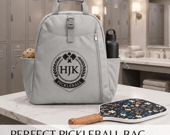 Custom Gray Nylon Pickleball Bag and Black Floral Paddle, Personalized Racquet Backpack, Retirement Gift,  Monogramed Sports Racket Tote