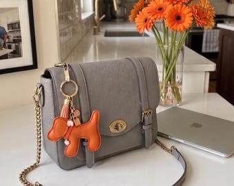 PU Leather Puppy Purse Charm, Handmade Orange Backpack Bling, Girls Birthday Graduation Gift Decoration,Dog Lover Pendant Keychain Bag Charm
