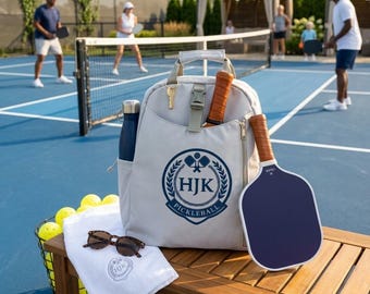 Personalized Gray Nylon Pickleball Bag and Navy Paddle, Custom Racquet Backpack, Pickleball Retirement Gift,  Monogramed Sports Racket Tote