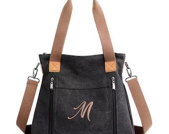 Personalized Ladies BoHo Style Shoulder Bag for Fall, Monogram Girlfriend Gift, Cute Charcoal Gray Canvas Bag, Distressed Black Hobo Purse