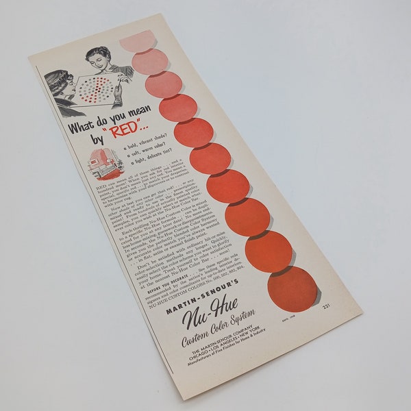 Vintage Martin Senour's Nu Hue Custom Color System Ad, 1949 Homasote Magazine Advertisement, What Do You Mean By "Red"