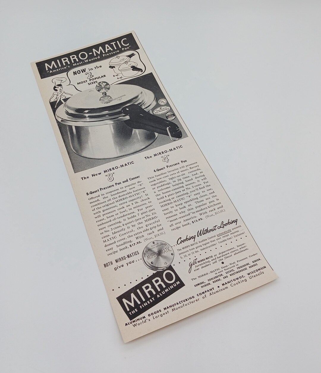 Vintage Mirro Matic Pressure Cooker Pan Ad, 1949 Hearts Delight Apricot