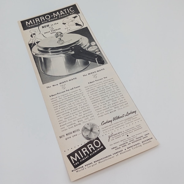 Vintage Mirro Matic snelkookpan pan advertentie, 1949 Hearts Delight Apricot Nectar Magazine advertentie, jaren 1940 keukenfornuis huisvrouw,
