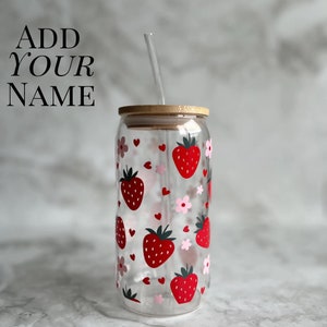 Strawberry Glass Tumbler Gift Idea For Friend Cute Girly Glass Cup Custom Name Cup Strawberry Heart Iced Coffee Cup Gift For Teen Girl