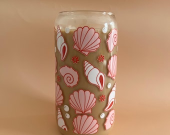 Vaso de vidrio con conchas marinas, taza costera rosa, taza de café helado costero pastel, decoración marítima para el hogar, taza de vidrio retro para vacaciones en la playa