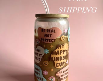 Vaso de cristal con afirmación diaria, regalo de salud mental, taza de cristal con mentalidad feliz, regalo para un amigo, idea de regalo con afirmación mental positiva para preadolescentes