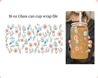 Envoltura de vaso de vidrio con diseño floral, vaso de vidrio Libbey, archivo PNG para sublimación, envoltura de lata de vidrio con diseño de flor de primavera para vaso UVDTF, archivo PNG para vaso