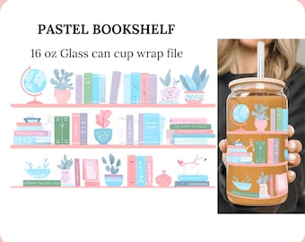 Envoltorio para taza de estantería en tonos pastel de libros PNG: Archivo de sublimación y UVDTF (descarga digital)