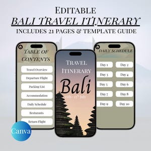 Itinerário de viagem editável Planejador de férias em Bali Modelo de viagem móvel Guia de viagem Canva Modelo de viagem de férias Planejador de viagens digital para a Ásia