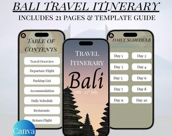 Planificador de viajes de Bali, plantilla de viaje móvil, guía de viaje de Canva, plantilla de viaje de vacaciones, planificador de viajes digital de Asia