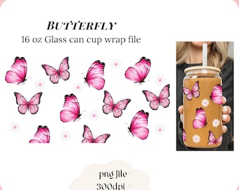 Envoltura de vidrio con forma de mariposa rosa, archivo PNG de linda flor para vaso de vidrio de sublimación, envoltura UVDTF, calcomanía para vidrio de café helado, diseño de taza Libbey