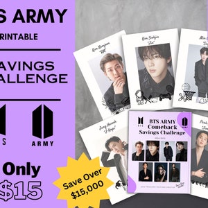 Może przedstawiać: Drukowana książeczka BTS Army Comeback Savings Challenge z 50 stronami. Książeczka zawiera zdjęcia członków BTS i kolorystykę fioletową i białą. Widoczny jest tekst "Save Over $15,000".
