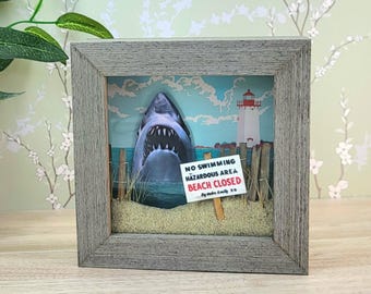 Universal Studios JAWS movie summer 50th anniversary wood frame shadow box diorama dimensional display desk accessory Steven Spielberg 1975