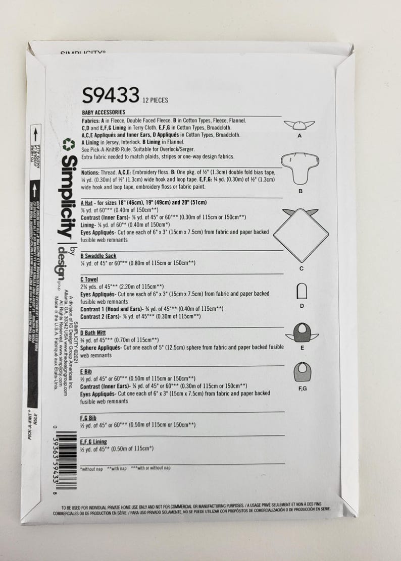 K&ouml;nnte beinhalten: Simplicity S9433 Baby-Zubeh&ouml;r-Schnittmuster. Enth&auml;lt Anleitungen f&uuml;r einen Hut, einen Wickelsack, ein Handtuch, einen Bademitt und L&auml;tzchen. Stoffanforderungen sind in cm und Metern angegeben.