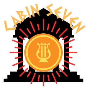Op de afbeelding: Een zwart silhouet van een gebouw met een gouden munt in het midden. De munt heeft een gele lier erin. Het gebouw heeft de tekst "LABIN SEVEN" in geel.