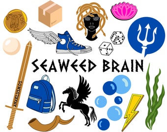 May include: A colorful illustration with the text "SEAWEED BRAIN" in black. The illustration includes a blue backpack, a blue shoe with wings, a gold coin, a white pearl, a brown box, a blue trident, a blue and white dice, a pink lotus flower, a blue and white winged horse, a blue backpack, a brown horn, a yellow lightning bolt, a green seaweed, and a blue and white bubble.