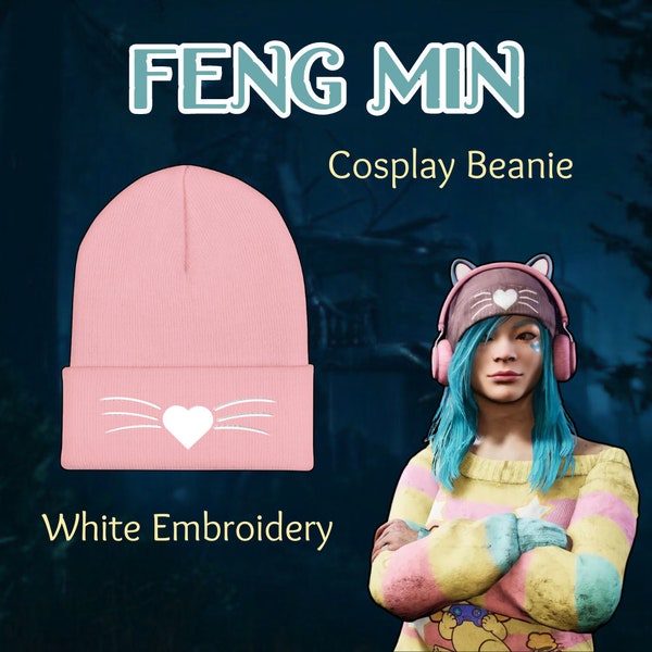 Feng Min Cosplay Embroidered Cuffed Beanie | Streamer Feng Min DBD, cosplay, videogame, gamer gifts, pink beanie