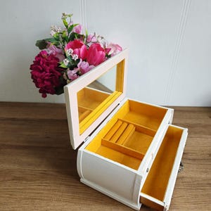 Vintage Jewelery Box white with yellow in side, Jewelry Armoire, Jewelry Cabinet, Dresser, Jewelry Organizer, perfect gift.