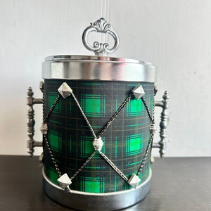 Vintage Green  checkered ice bucket with silver handles circa 70s, mid century modern barware, Scottish barware, bar cart accessories