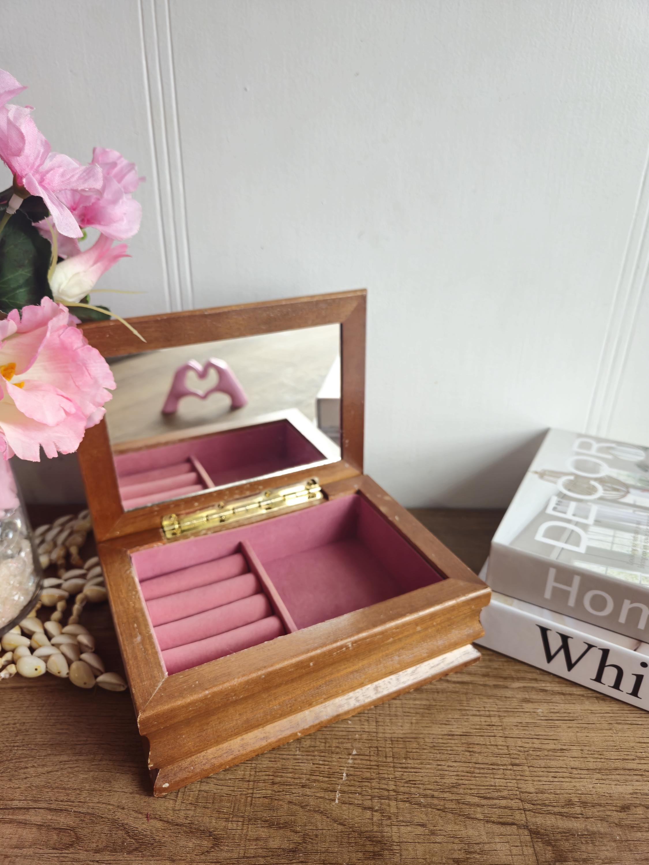 Vintage 90s Wooden Jewelry Box, Mirrored Jewelry Box , Pink