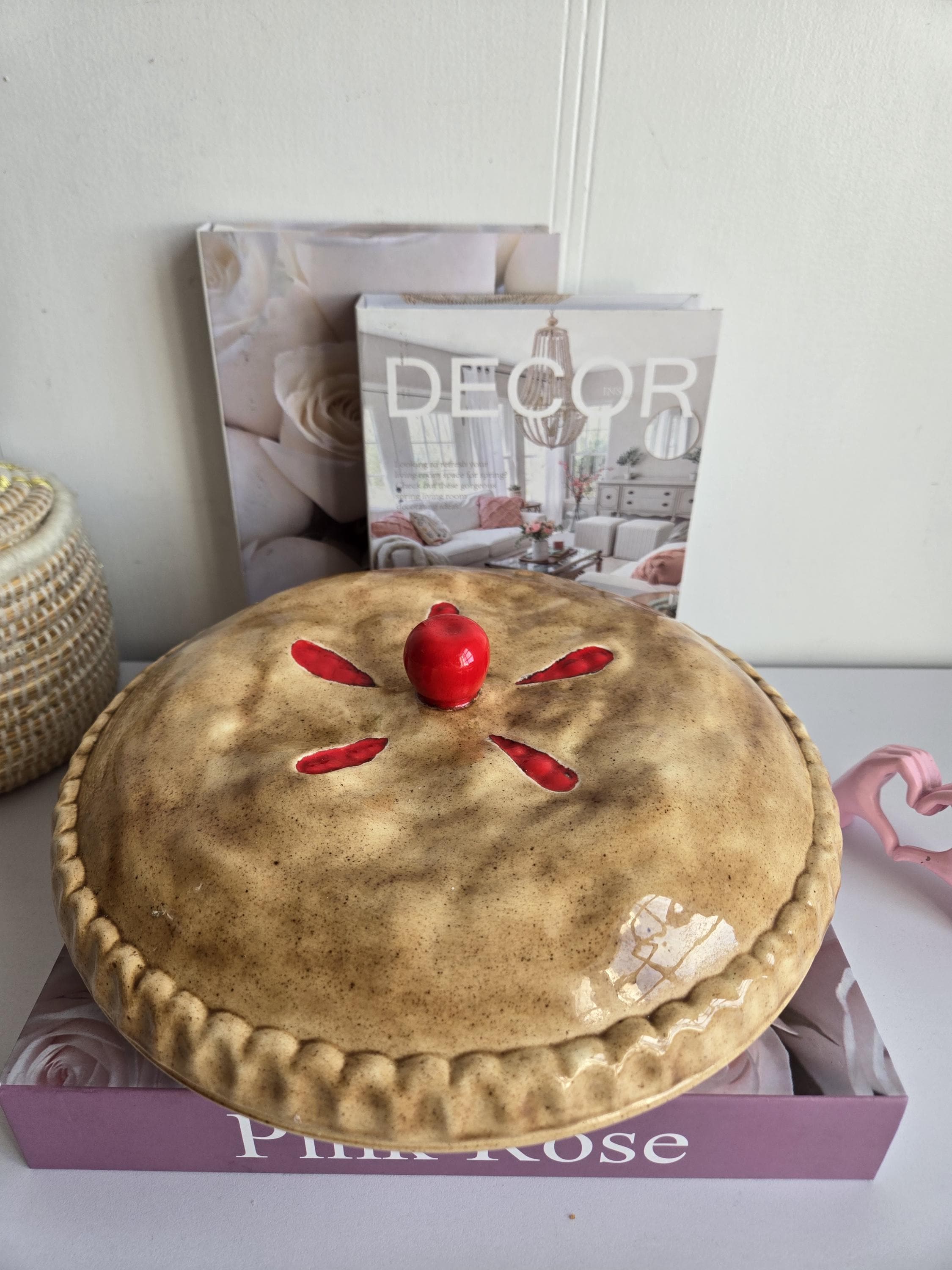 Vintage Ceramic Cherry Pie Plate With Lid. Pie Keeper. Baker