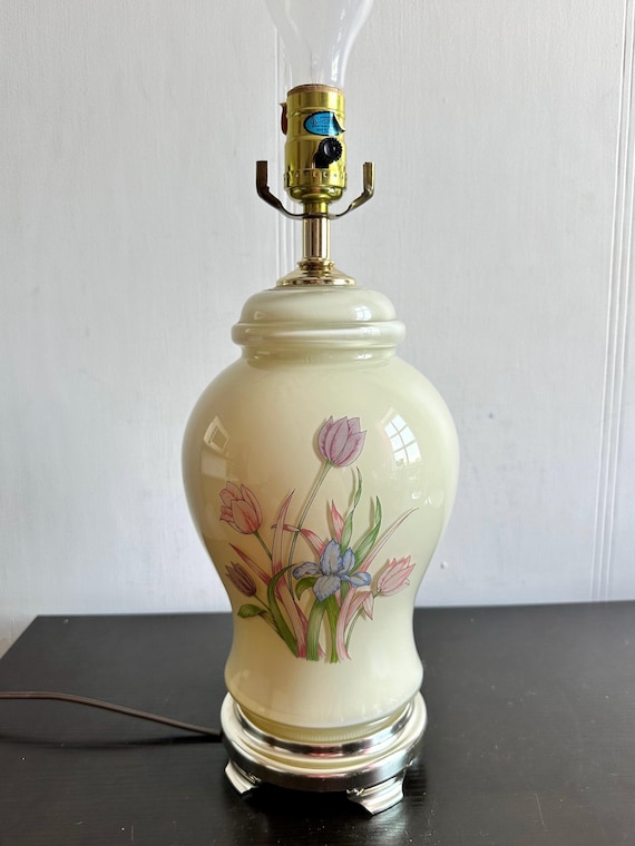 Vintage 80's Beige Floral Glass Table Lamp 15.5” Long. - Etsy