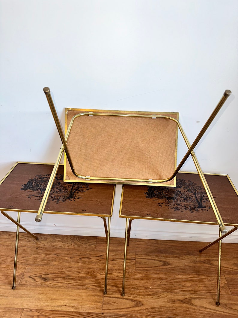 Vintage Folding TV Trays, Serving Tables, Brown With Gold Floral Design