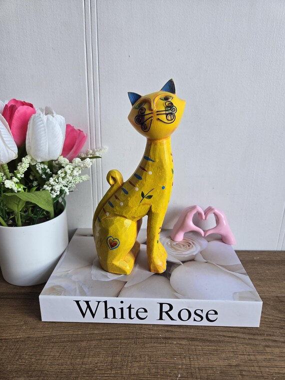 Vintage Yellow Hand Painted Wooden Cat - Carved Folk Art Sculpture. - Etsy Vintage Yellow Hand Painted Wooden Cat - Carved Folk Art Sculpture. - Etsy
