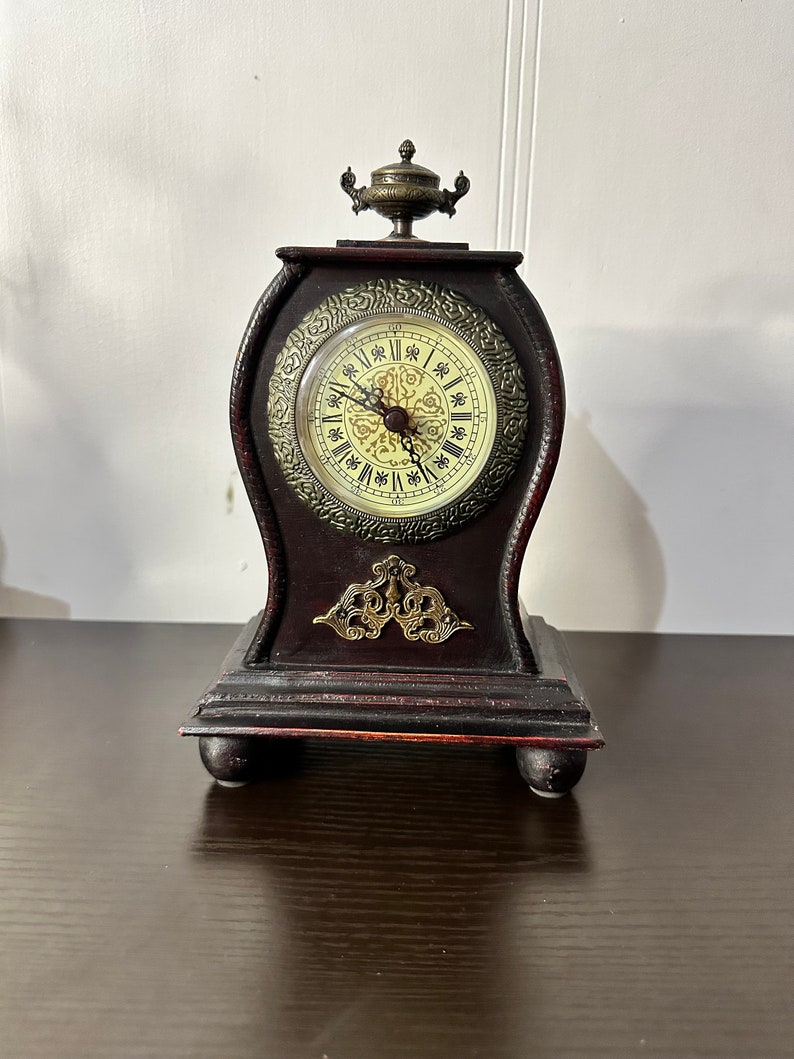 Vintage Mantel Clock in Solid Wood Brown Color and Brass Decorations