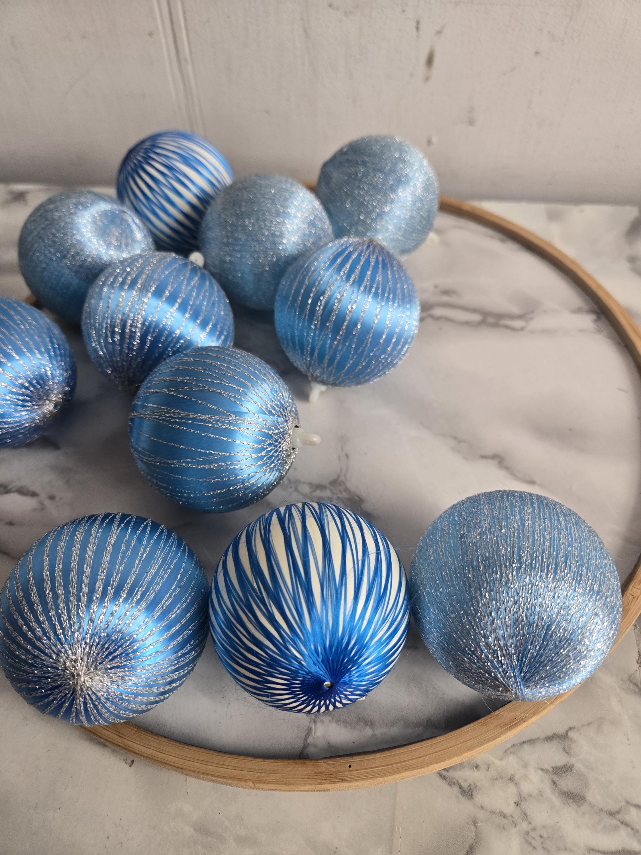 Set of 11 Vintage MCM 70s Blue Silk Christmas Ball Ornaments,blue