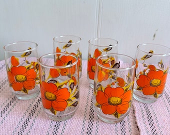 Vintage drinking glasses, retro orange  flower pattern, Dominion Glass co. water tumblers, set of 6.