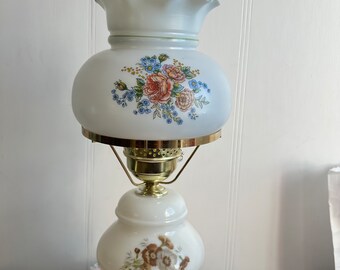 Vintage Oil Lamp Table Lamp Electric Milk Glass Shade Hand Painted Floral Cottagecore GWTW.