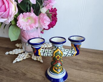 Vinatge Talavera candelabra Mexican pottery, enameled ceramic.