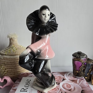 Vintage Pierrot Harlequin Clown 11&quot; handmade ceramic figurine with pink and black, pink mask Unique.
