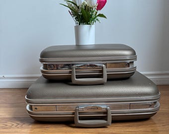Puede incluir: Dos maletas vintage color taupe apiladas. Cada maleta tiene un marco y asa plateados. Una pequeña maceta blanca con tulipanes blancos y rosas encima. Perfectas para viajes.