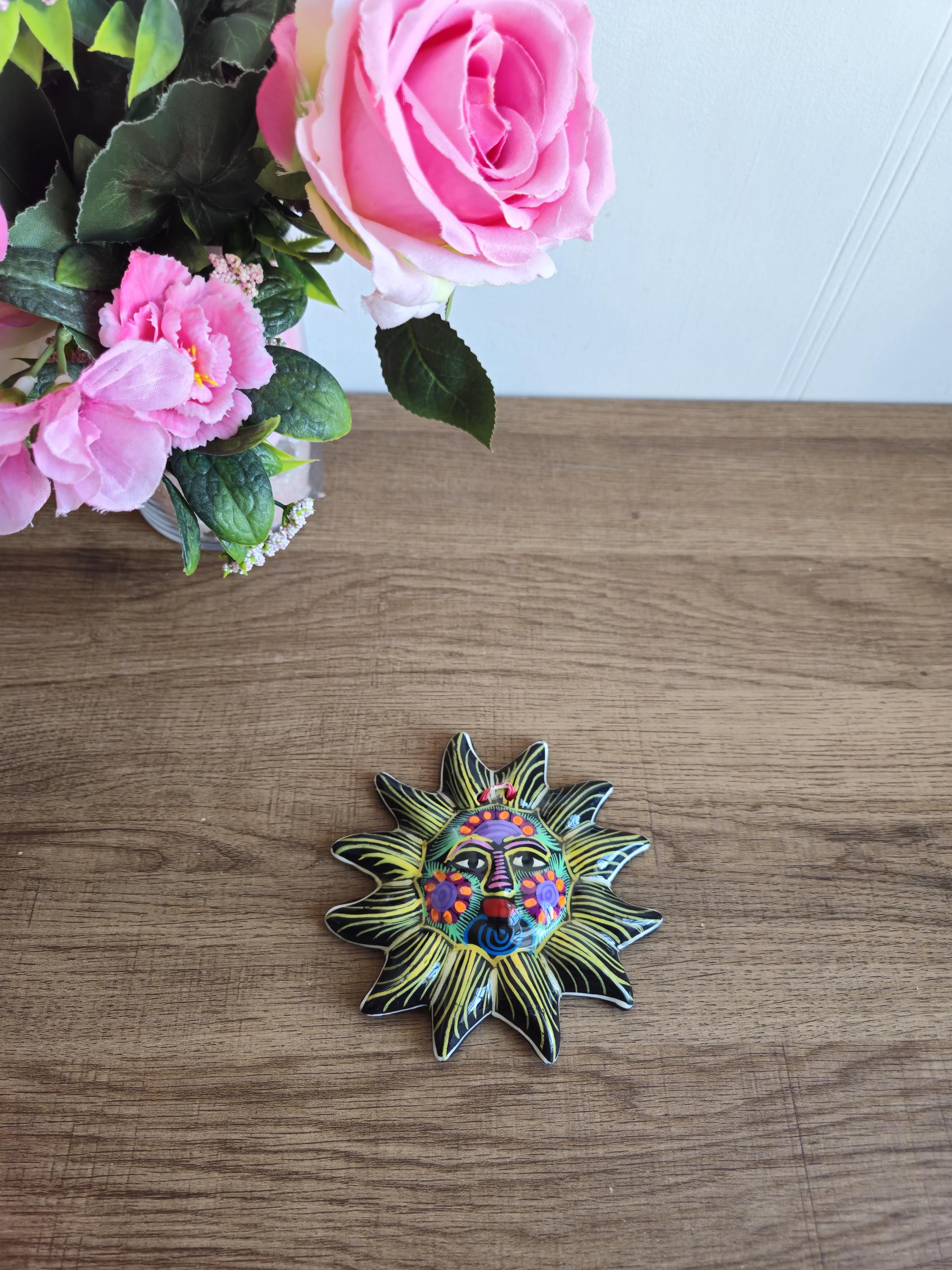 Vintage Mexican Ceramic Decorative Sun Plate, Hand-painted Sun