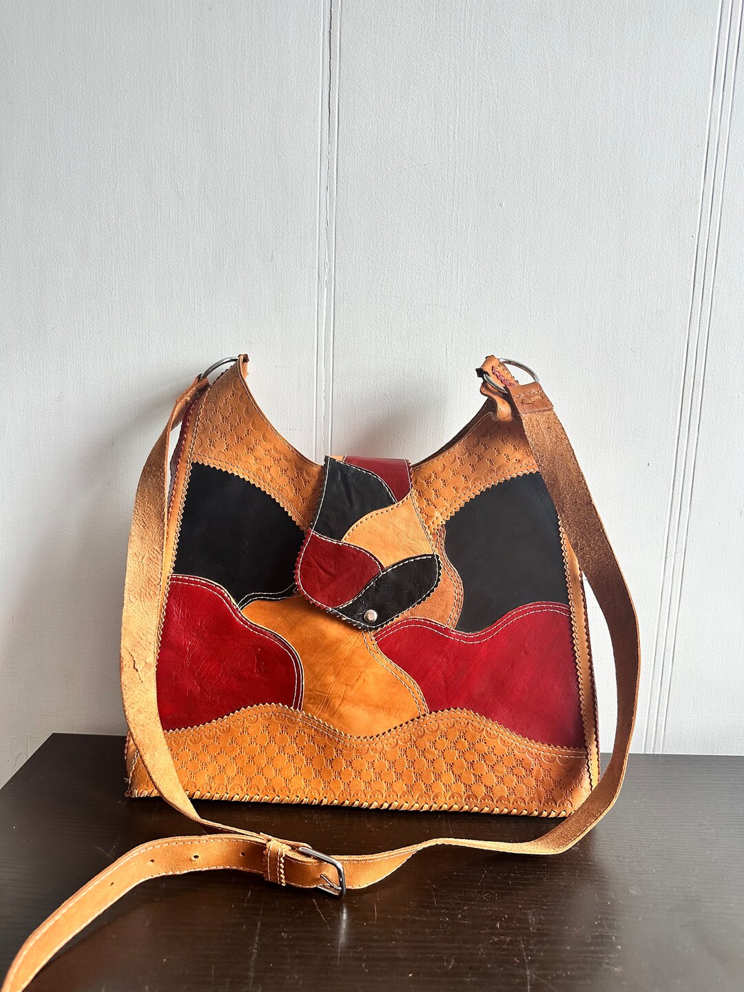 Vintage Large Patchwork Leather Bag, Casual Leather Soft Bag