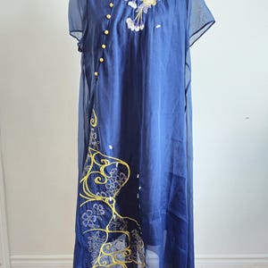 Vintage 90s Navy Embroidered Long Cheongsams Dress Chinese Traditional Dress Summer Flowers Vintage Dress Oriental Dresses .