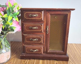 Vintage Musical wooden jewelry box with 4 drawers and hooks for hanging Box Wood.