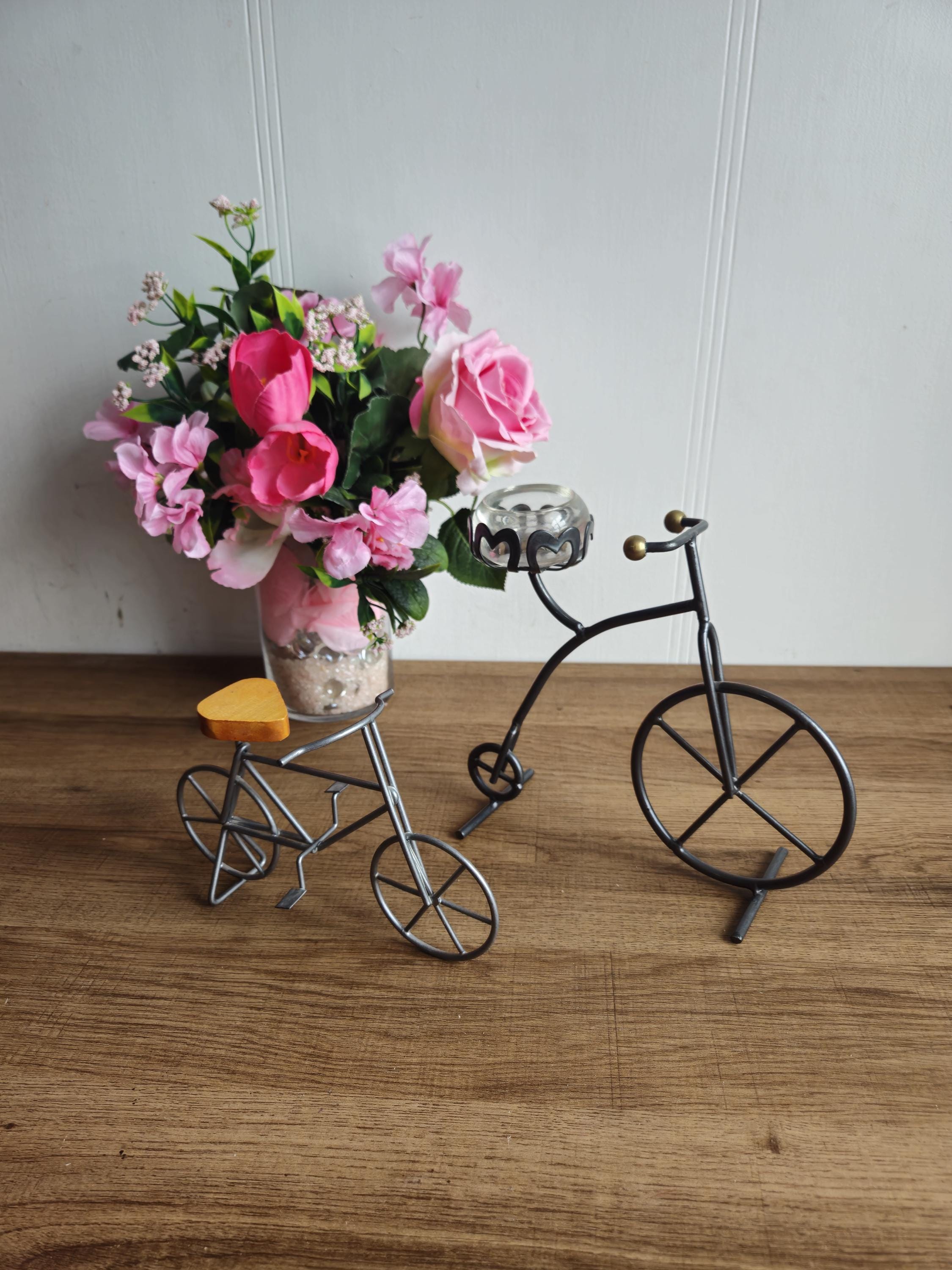 Set of 2 vintage metal and wood tricycles, candle holder,Miniature Bike,Bicycle Decoration, Wooden Bike ,Mini tricycle.
