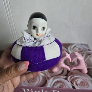 Vintage Pierrot Clown needle holder Porcelain Clown Mime Head - Lace Necklace - Small Miniature Figurine.