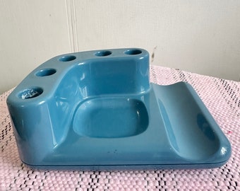 Vintage Retro blue Bathroom Soap Holder - Tooth Brush Holder / Glass Holder and Tooth Paste Holder All In One plastic 80's.