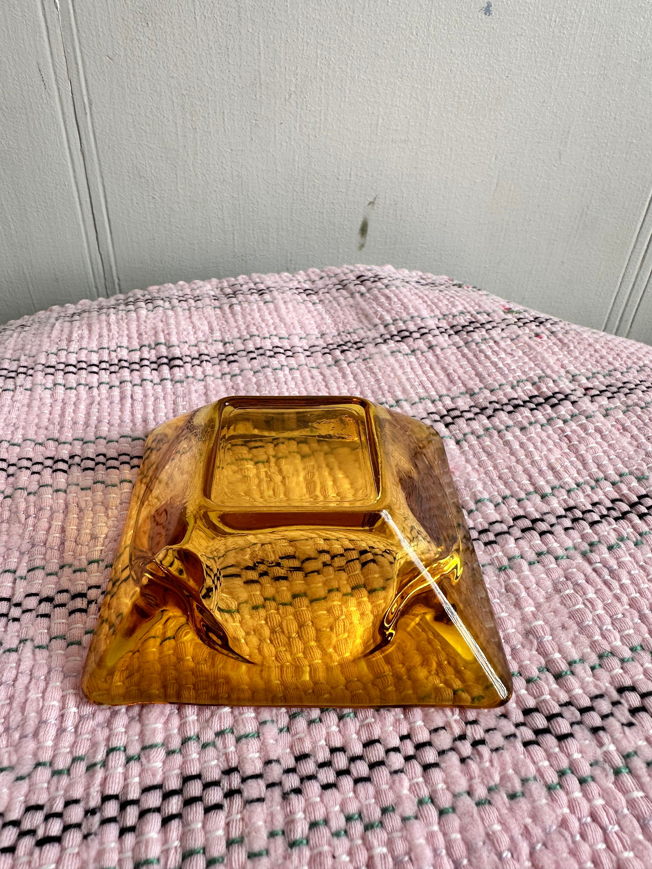 Vintage Amber Ashtray ,yellow Mid-century Ashtray , Square Glass