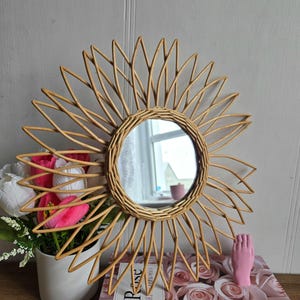 Vintage rattan sun mirror ,Bohemian Natural Brown Rattan Accent Wall Mirror.
