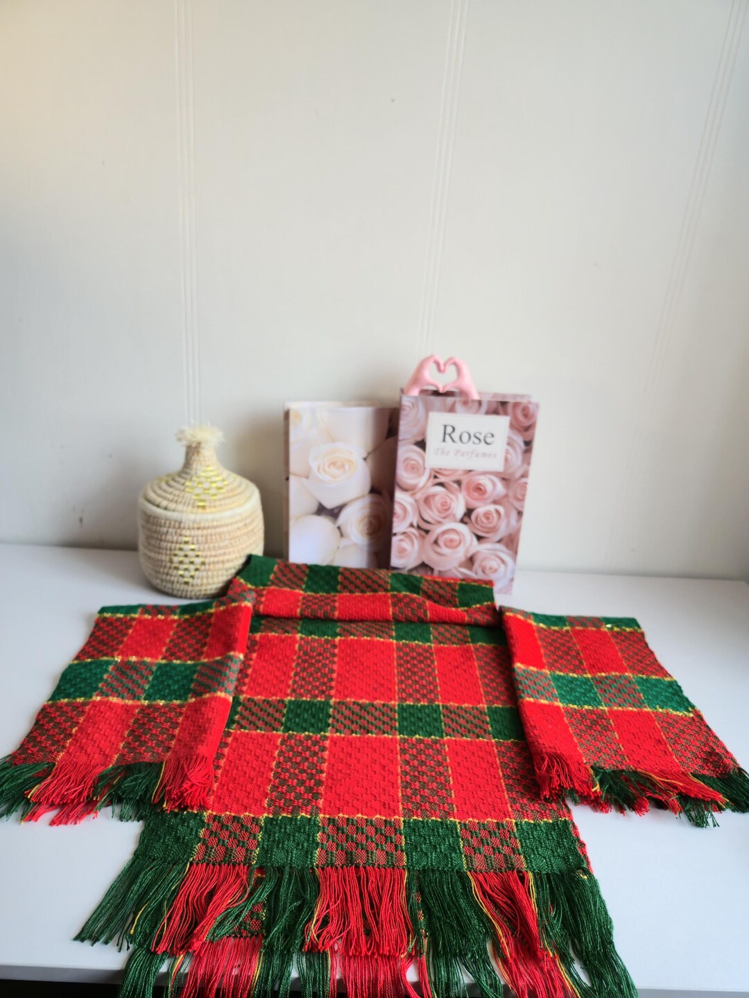 Vintage Green Red Plaid Woven Table Runner Primary Colors Christmas ...