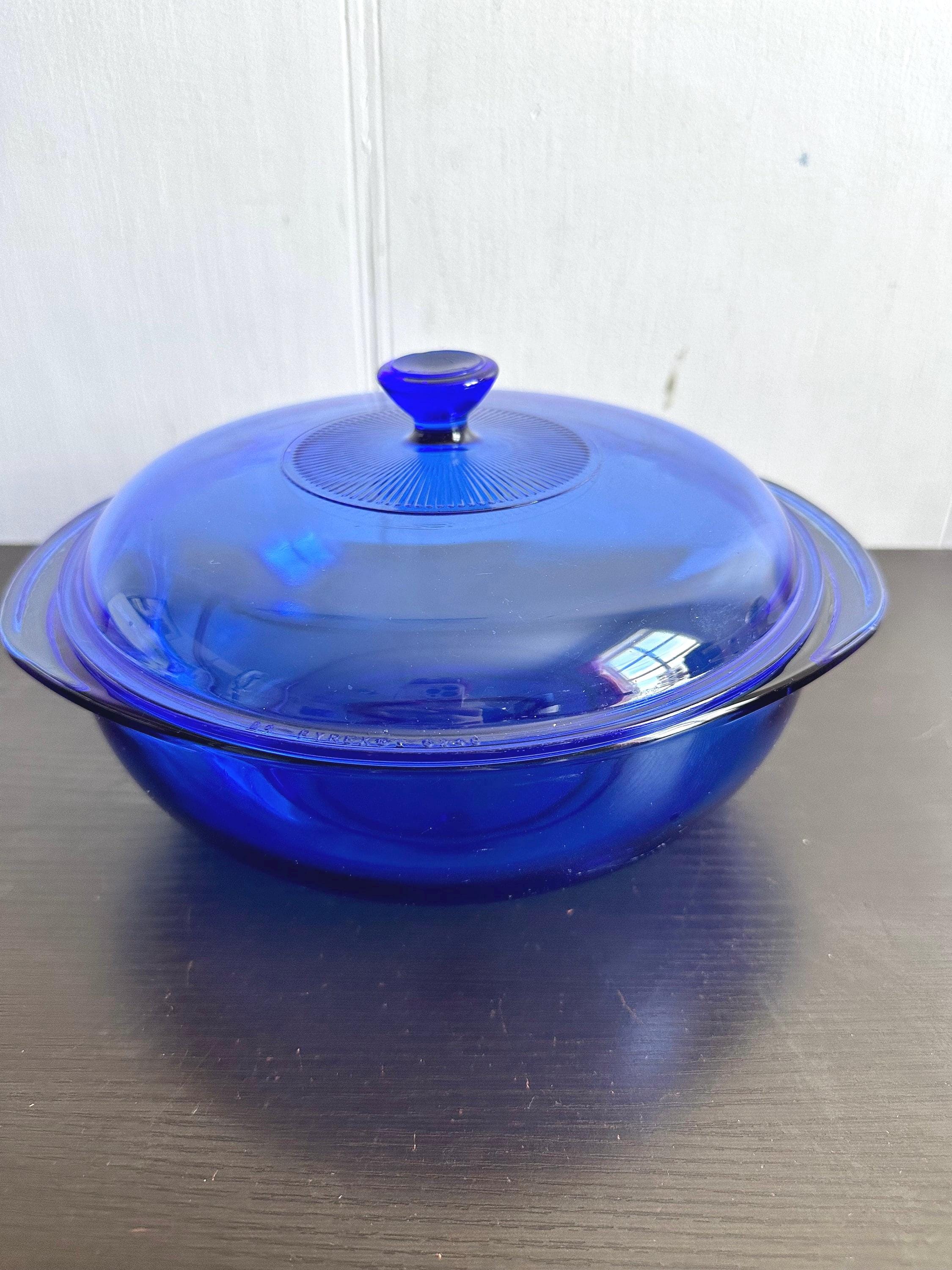Vintage Cobalt Blue Clear Pyrex Glass 2qt Casserole Dish with Matching Knob  Lid model
