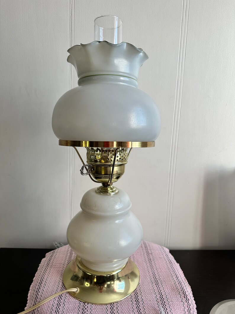 Vintage Oil Lamp Table Lamp Electric Milk Glass Shade Hand Painted